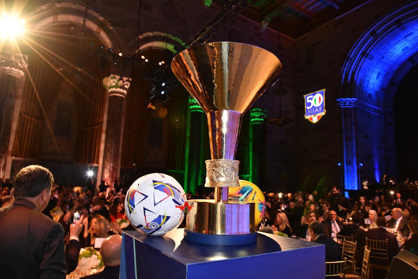 The Serie A trophy is shown off at a presentation in New York celebrating the NIAF's 50th anniversary
